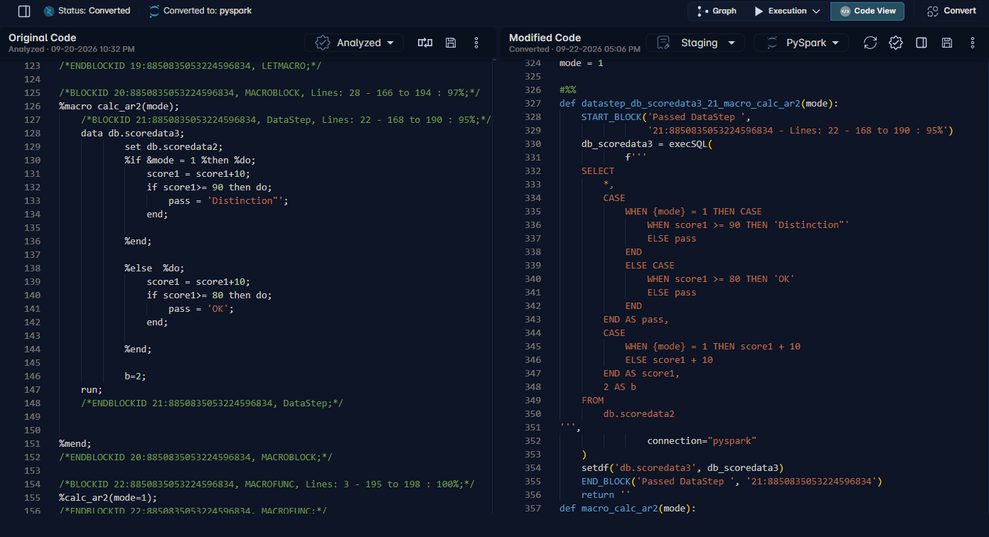 The MigryX converter: SAS macro code on the left and the generated PySpark on the right, with each block marked Passed.